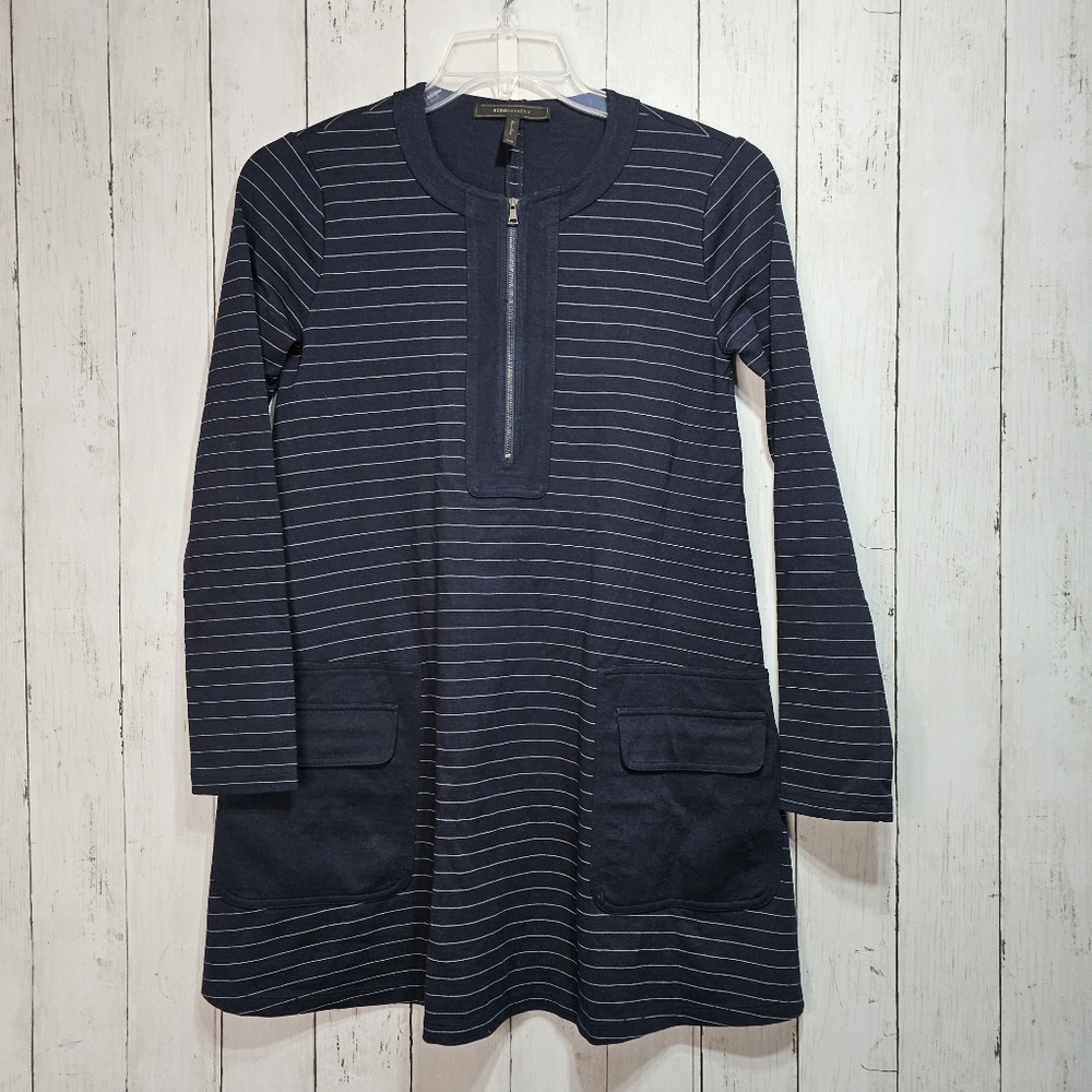 BCBGMaxazria Women's Raegan Blue Striped Swing Knit Dress Long Sleeve Size XXS.